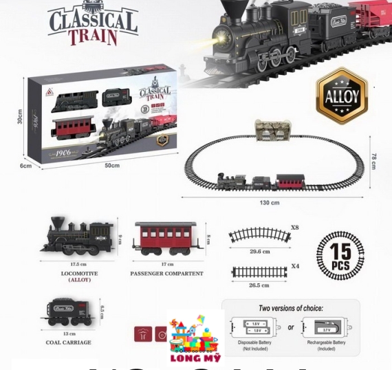 2111 HỘP ĐƯỜNG RAY XE LỬA PIN ĐÈN KÉO TOA, PHUN KHÓI 15 MIẾNG CLASSICAL TRAIN 1906 🚆✨