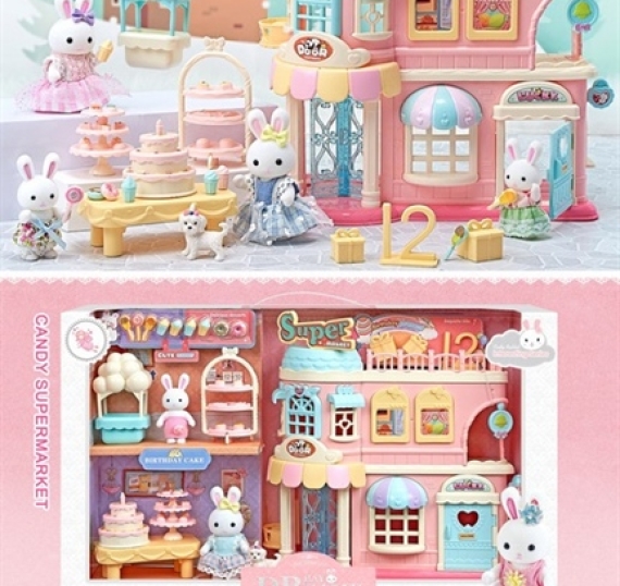 HỘP NỘI THẤT NHÀ LÂU ĐÀI THỎ+ BÀN BÁNH SINH NHẬT+ KEM+ KẸO+ 1C THỎ BAY DREAMY