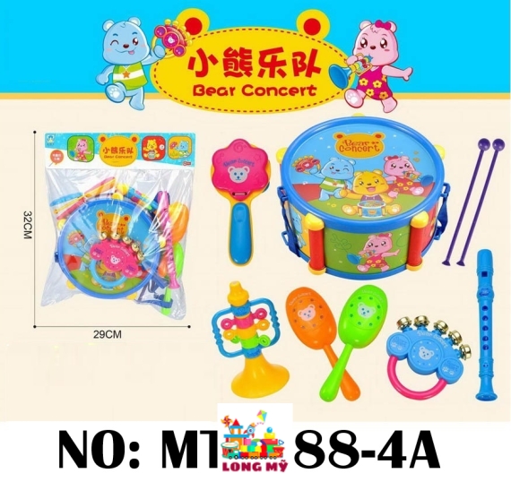 MTL888-4A TÚI TRỐNG+ LẮC TREO NÔI 6 MÓN (TRỐNG, DÙI, KÈN, LẮC, SÁO) PVC BEAR CONCERT 🎵🐻