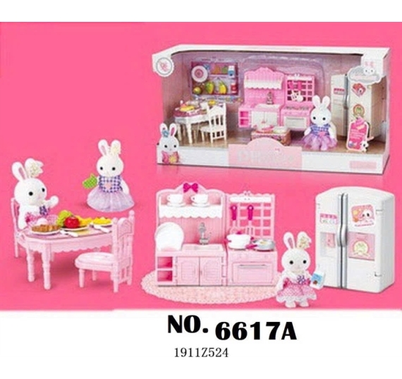 HỘP NỘI THẤT NHÀ BẾP THỎ+ TỦ LẠNH 2 NGĂN+ BÀN+ GHẾ+1C THỎ