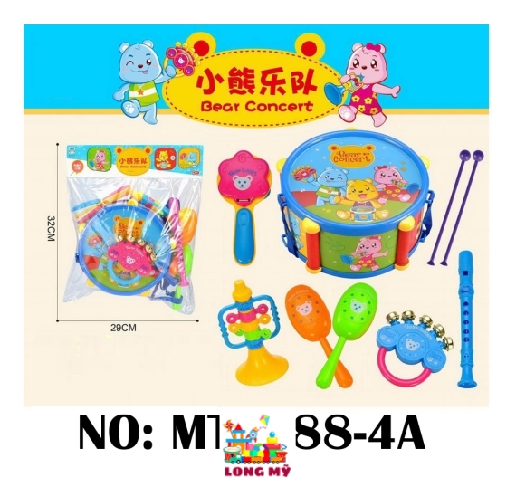 MTL888-4A TÚI TRỐNG+ LẮC TREO NÔI 6 MÓN (TRỐNG, DÙI, KÈN, LẮC, SÁO) PVC BEAR CONCERT 🎵🐻